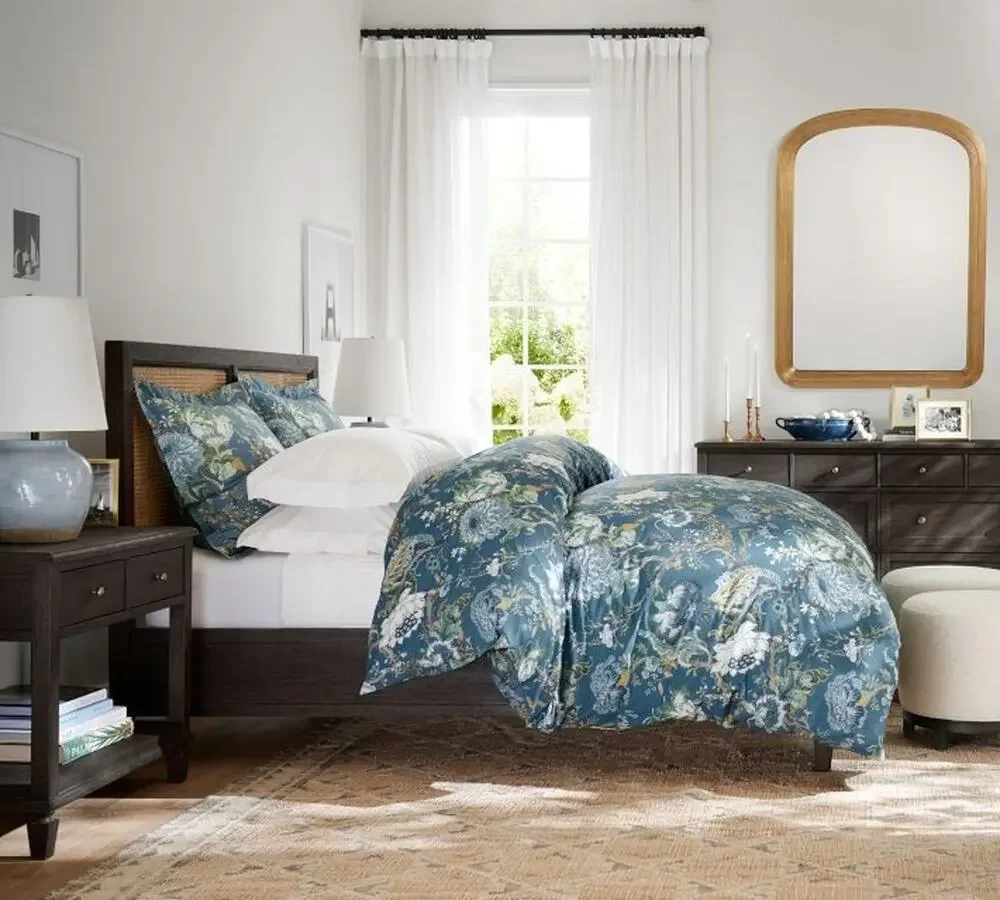 Pottery Barn Dahlia Floral Percale Blue Cotton California King Duvet Cover